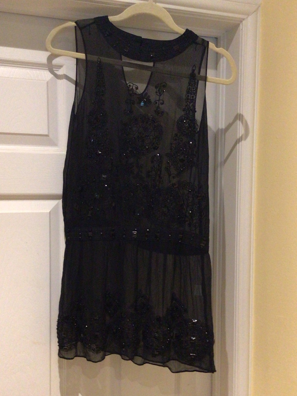 Silk Black Y2K Bohemian Sleeveless Beaded Sheer Blouse
